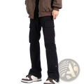 Black straight leg cargo pants featuring multiple pockets designed for practical and casual wear