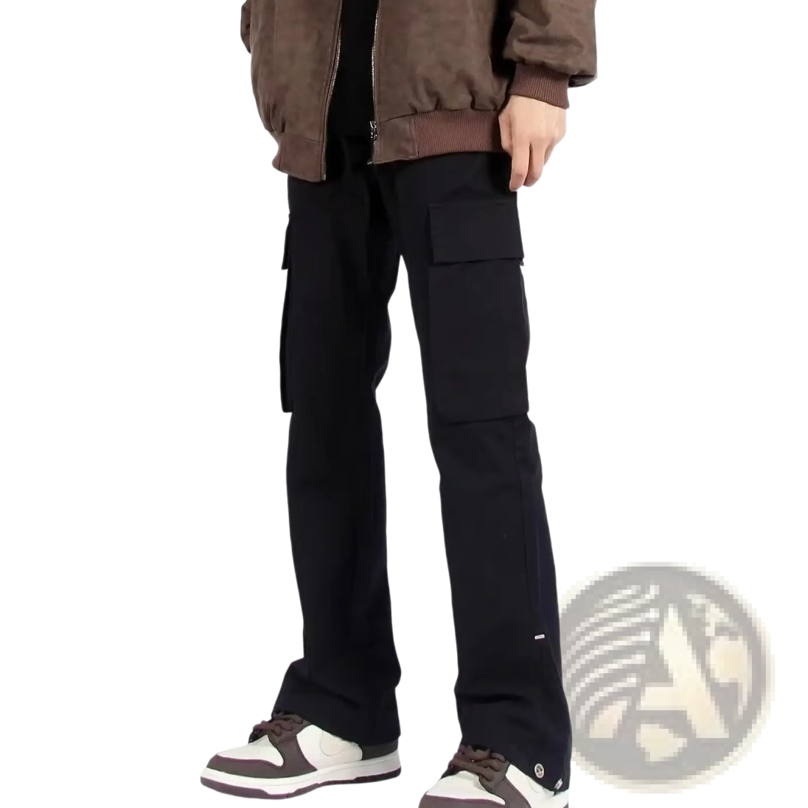 Black straight leg cargo pants featuring multiple pockets designed for practical and casual wear