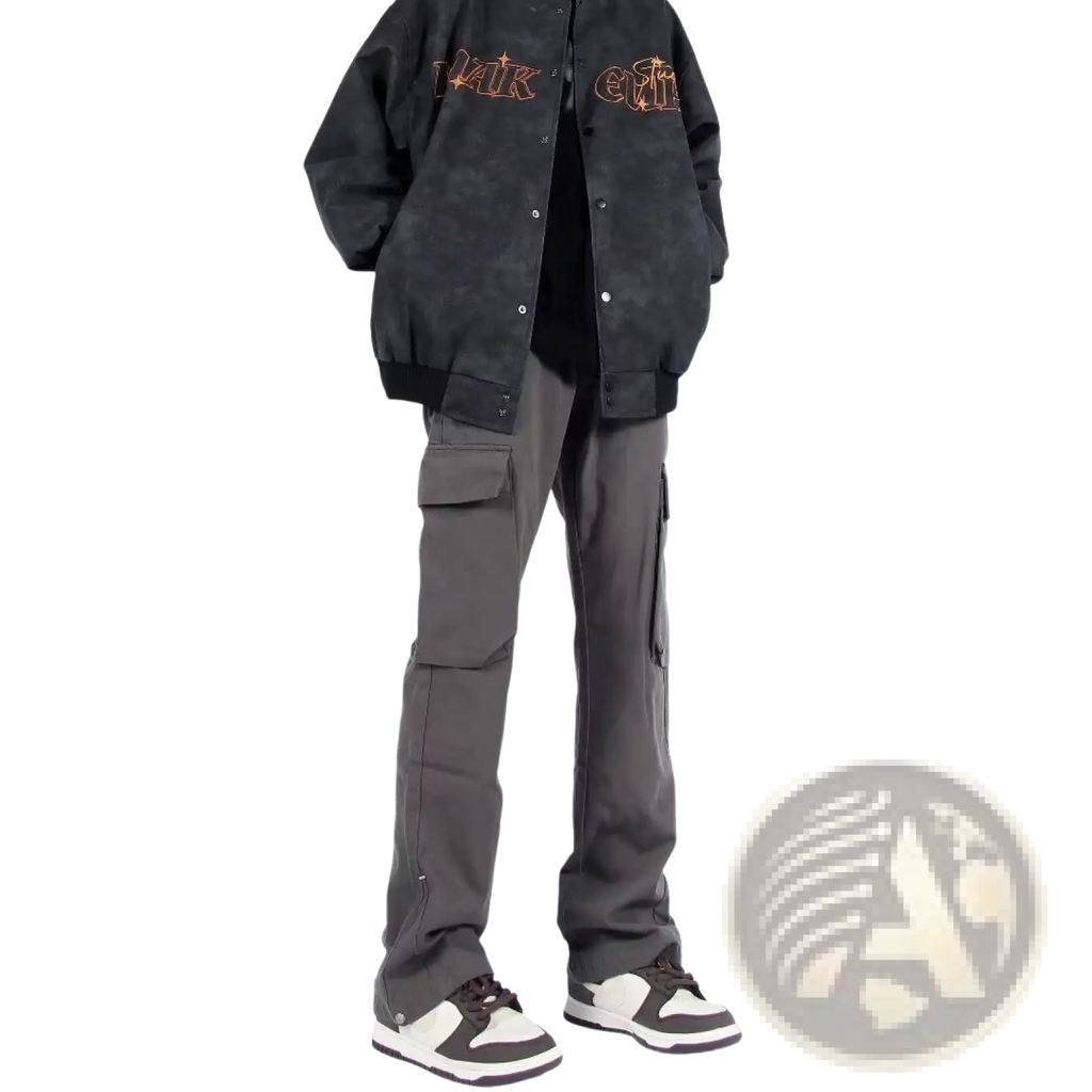 Black bomber jacket with embroidered gold lettering and star motifs on chest paired with multi pocket straight leg cargo pants