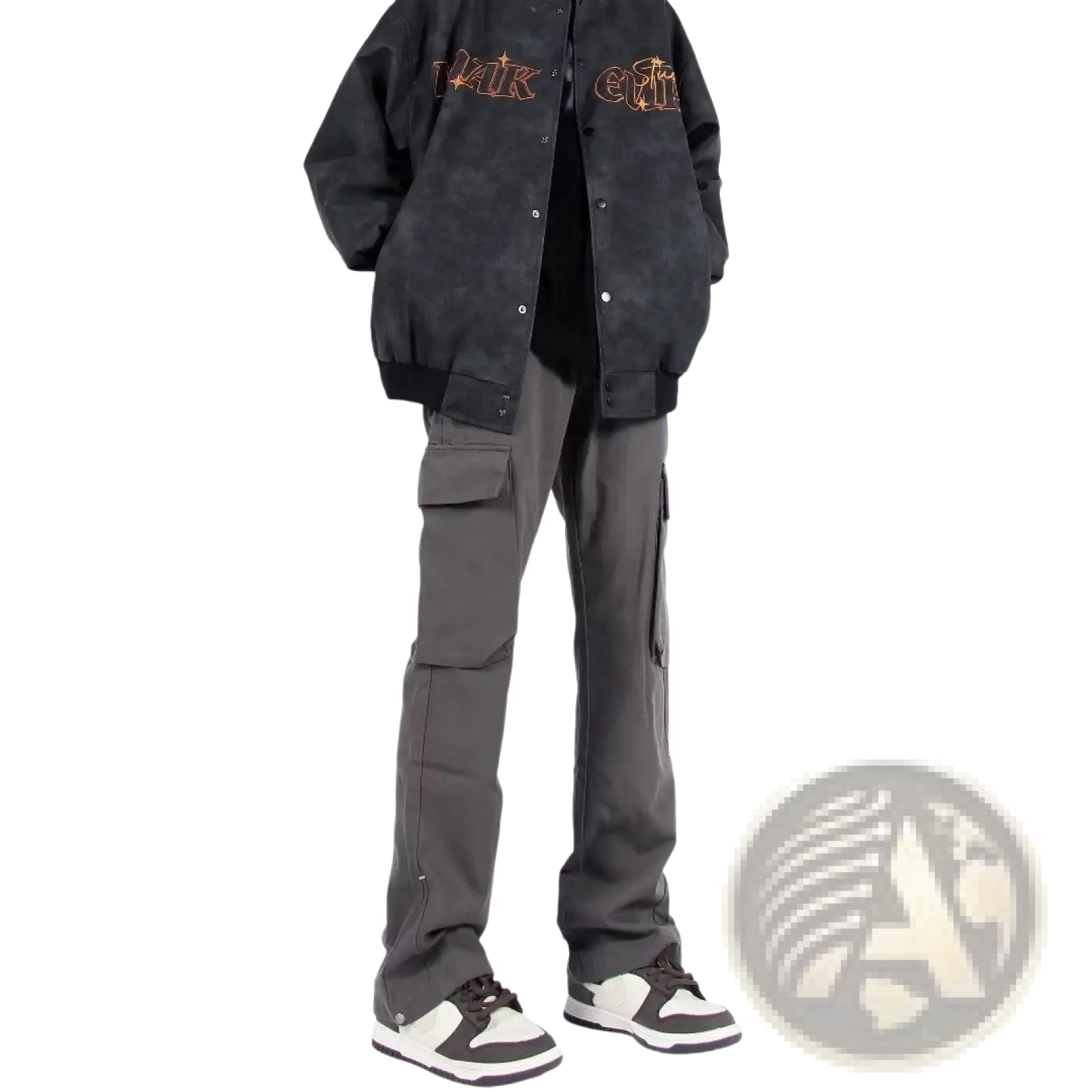 Black bomber jacket with embroidered gold lettering and star motifs on chest paired with multi pocket straight leg cargo pants