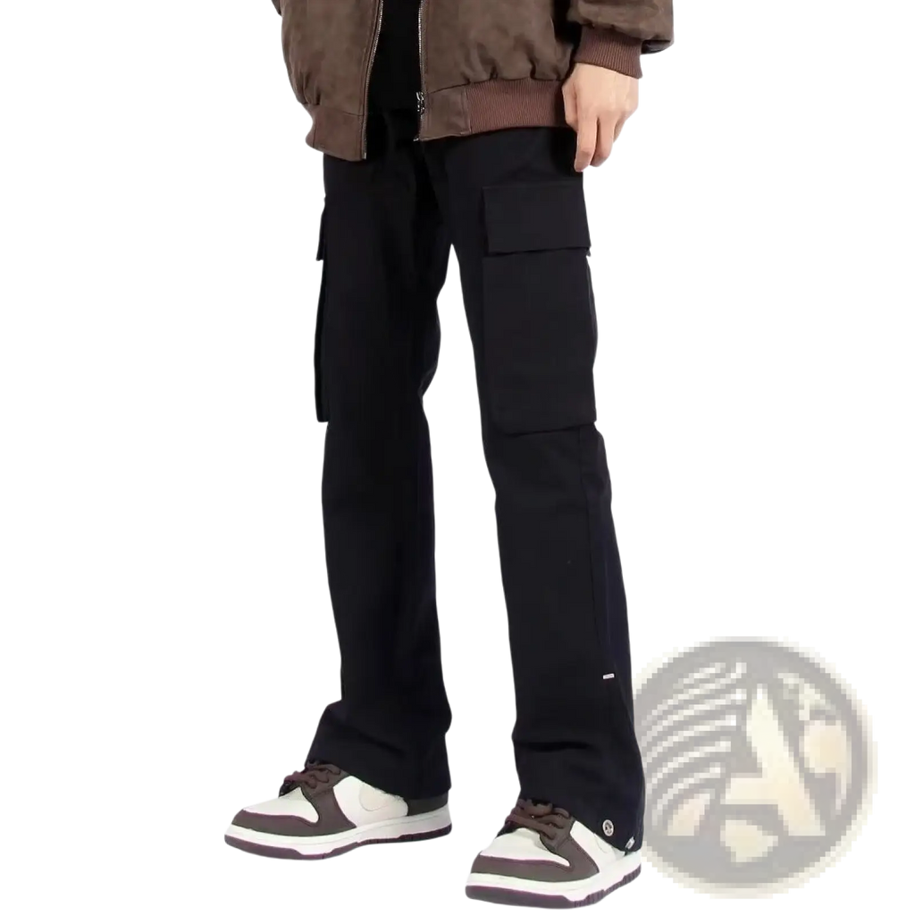 Black multi pocket straight leg cargo pants with multiple functional pockets for utility and casual wear