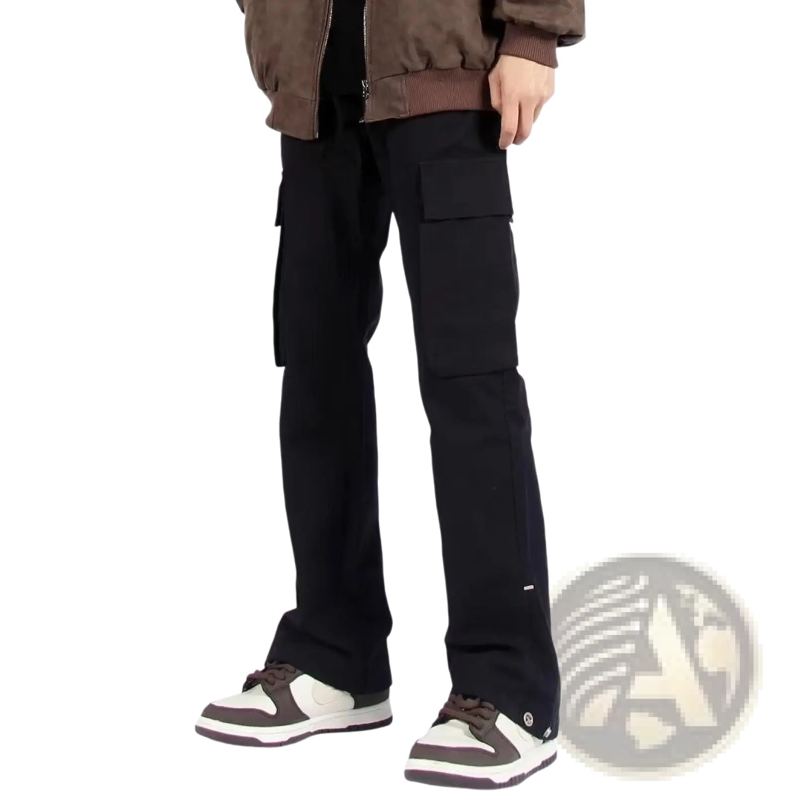 Black multi pocket straight leg cargo pants with multiple functional pockets for utility and casual wear