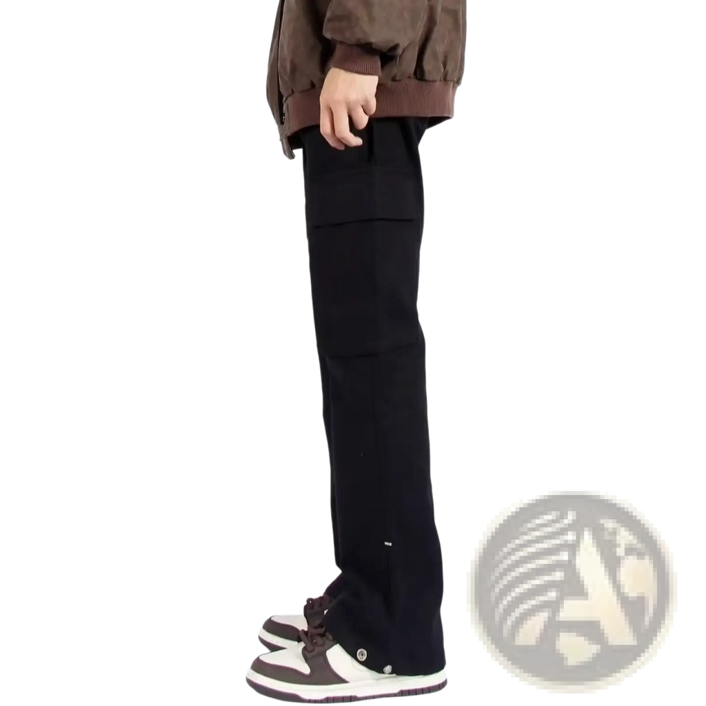 Black multi pocket straight leg cargo pants with multiple pockets designed for practical utility and casual wear