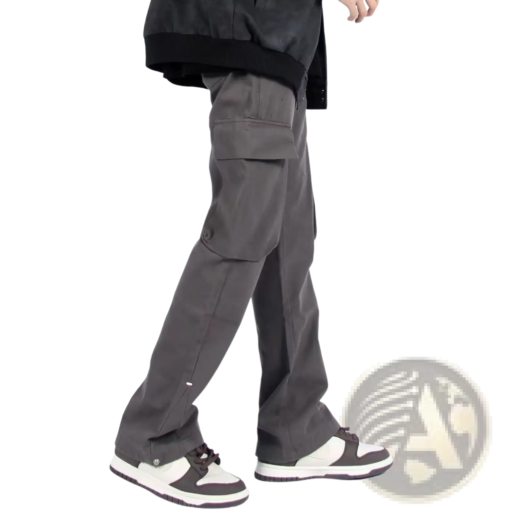 Dark gray multi pocket straight leg cargo pants with relaxed fit and durable material for versatile wear