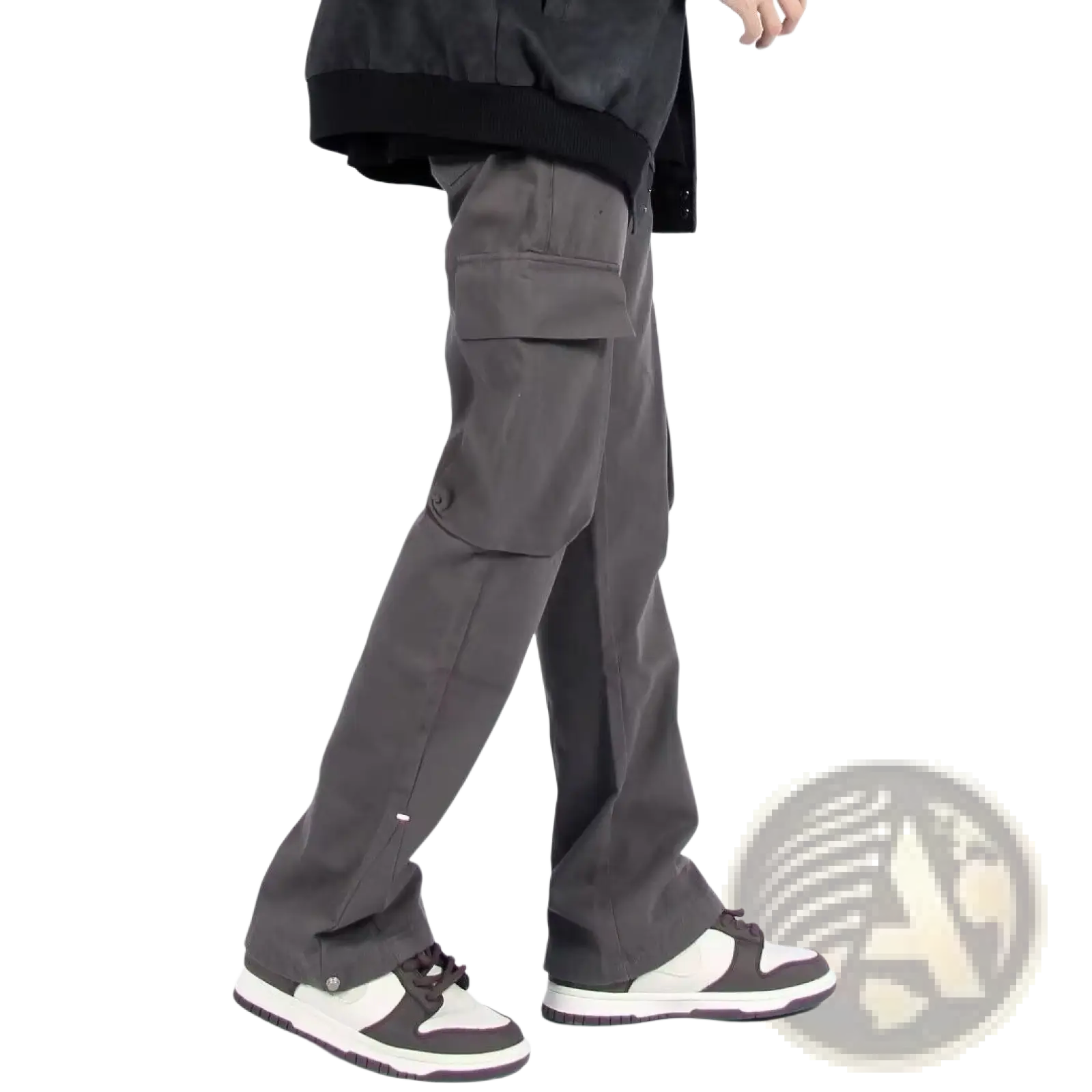 Dark gray multi pocket straight leg cargo pants with relaxed fit and durable material for versatile wear