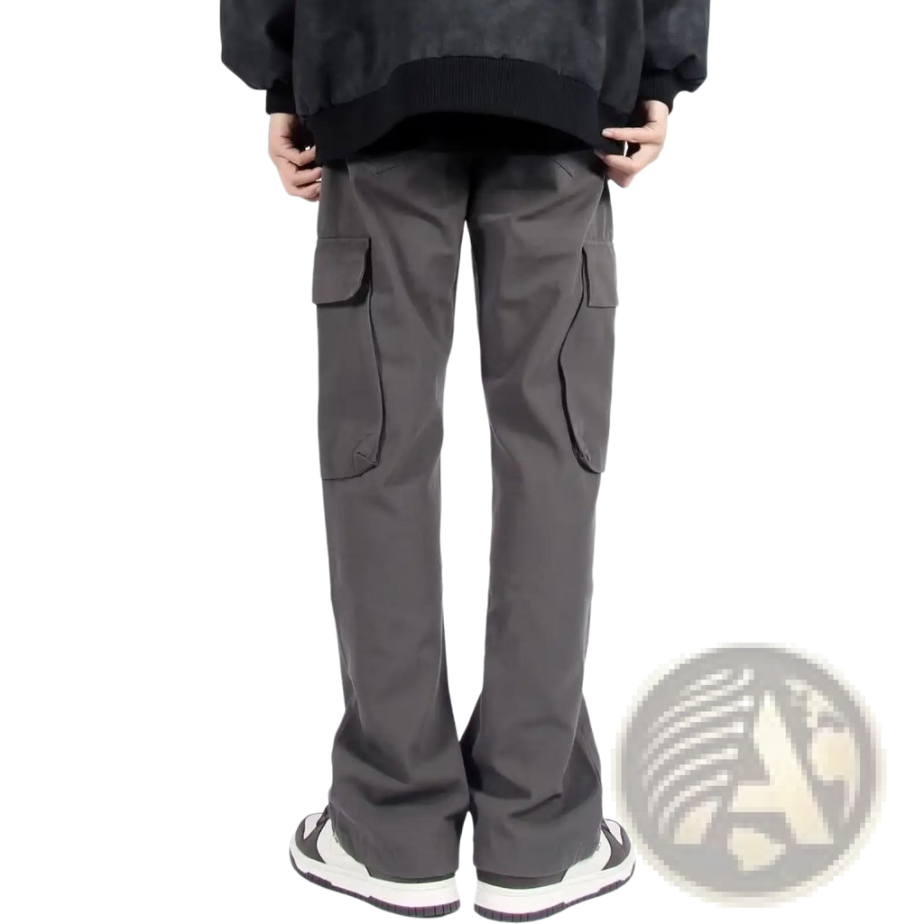 Dark gray multi pocket straight leg cargo pants featuring large side pockets and durable fabric for versatile use