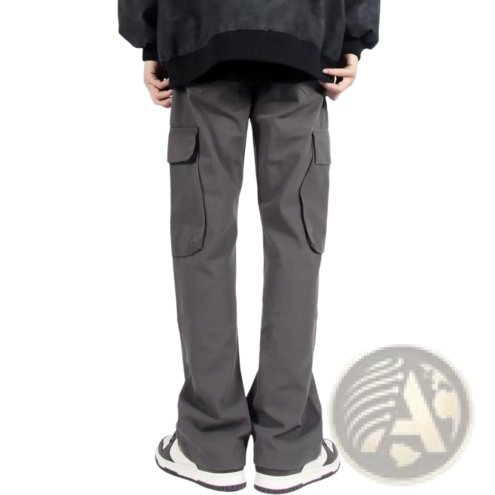 Dark gray multi pocket straight leg cargo pants featuring large side pockets and durable fabric for versatile use