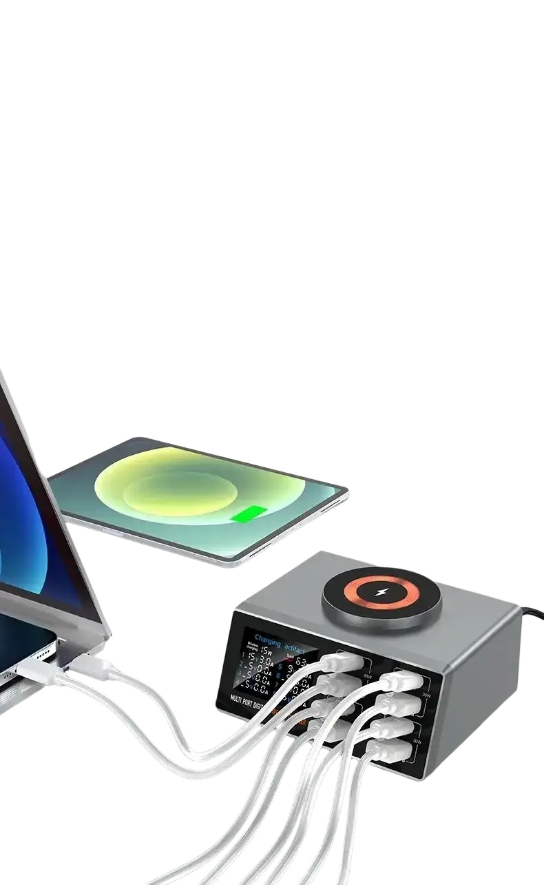 Gray rectangular multi-port fast charging desktop charger with digital display and orange black circular charging pad using fast charging protocols