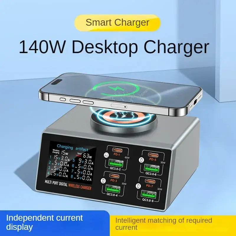 Silver 140w multi-port fast charging desktop charger with wireless pad and digital display supports fast charging protocols