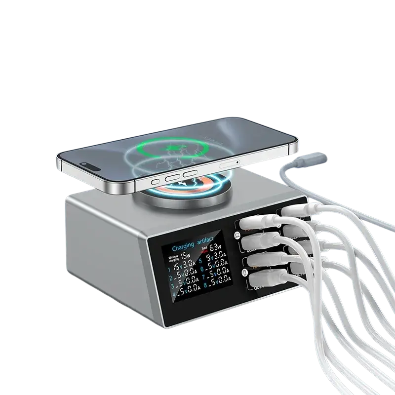 Silver multi-port fast charging desktop charger with digital display and multiple usb ports supports fast charging protocols