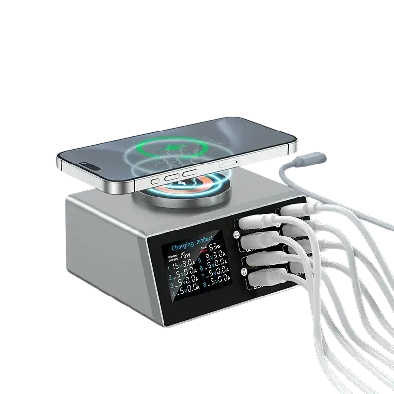 Silver multi-port fast charging desktop charger with digital display and multiple usb cables supporting charging protocols