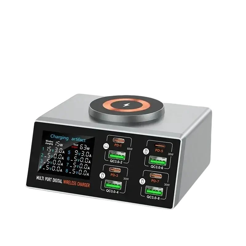 Silver multi-port fast charging desktop charger with digital display and multiple usb ports supporting fast charging protocols