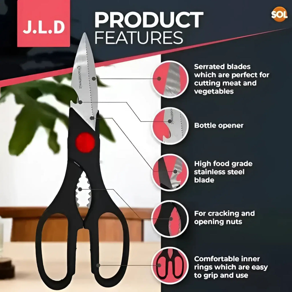 Black-handled multi-purpose kitchen shears with serrated stainless steel blades and red circular accent on handle
