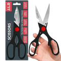 Multi-purpose kitchen shears with black handles red pivot points stainless steel blades and integrated opener nutcracker