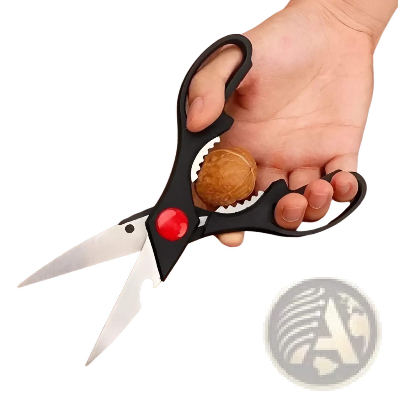 Multi-purpose kitchen shears with black handles silver blades red button designed for cracking walnuts