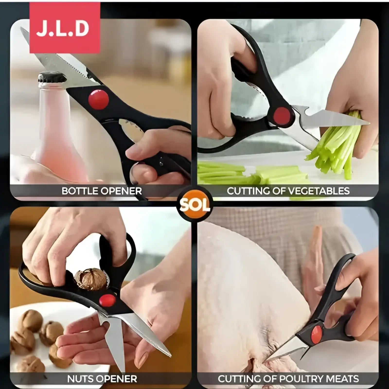 Multi-purpose kitchen shears with black handles red accents serrated blade for bottle opening cutting nut cracking and slicing