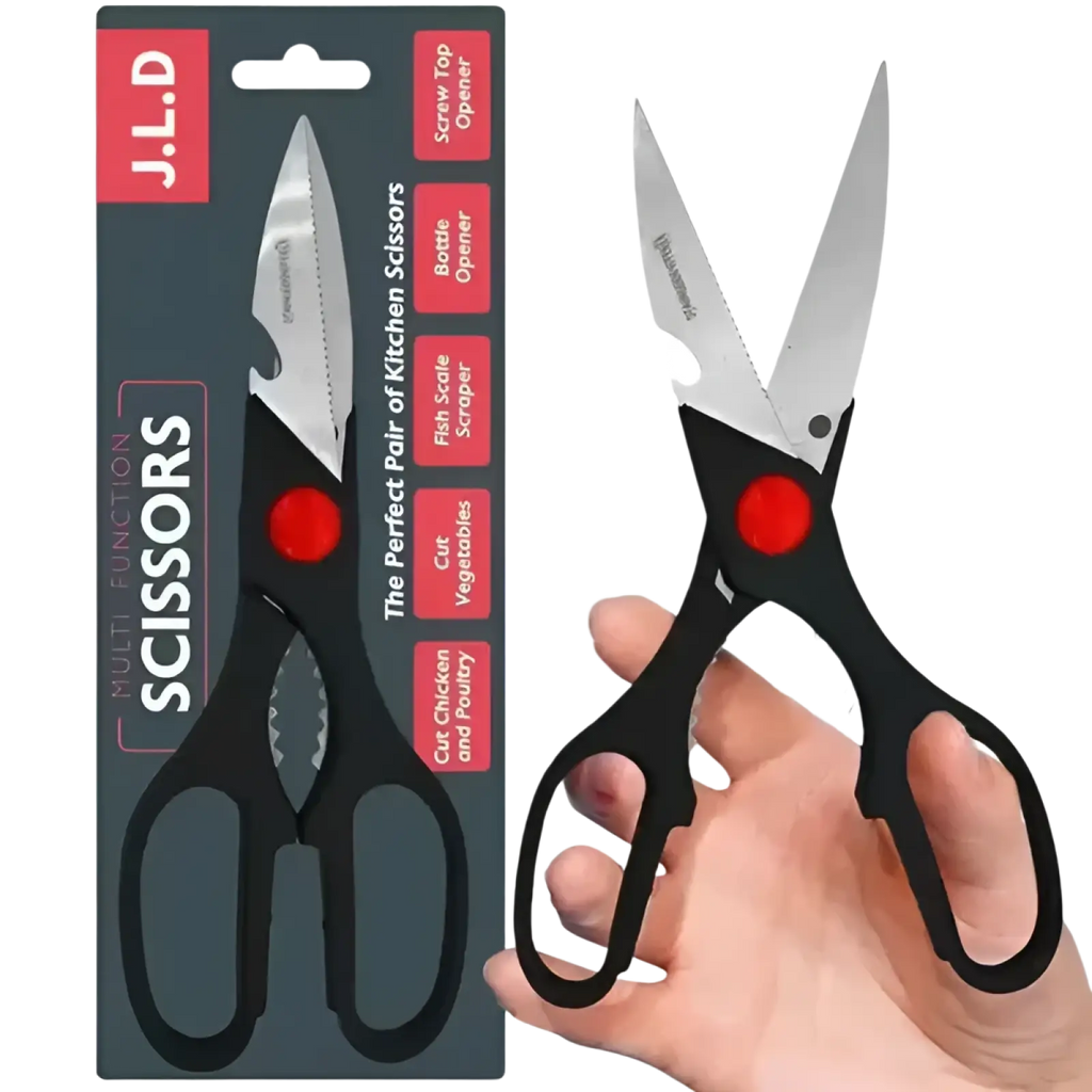 Multi-purpose kitchen shears with black handles, stainless steel blades, and red pivot point featuring nutcracker and opener functions