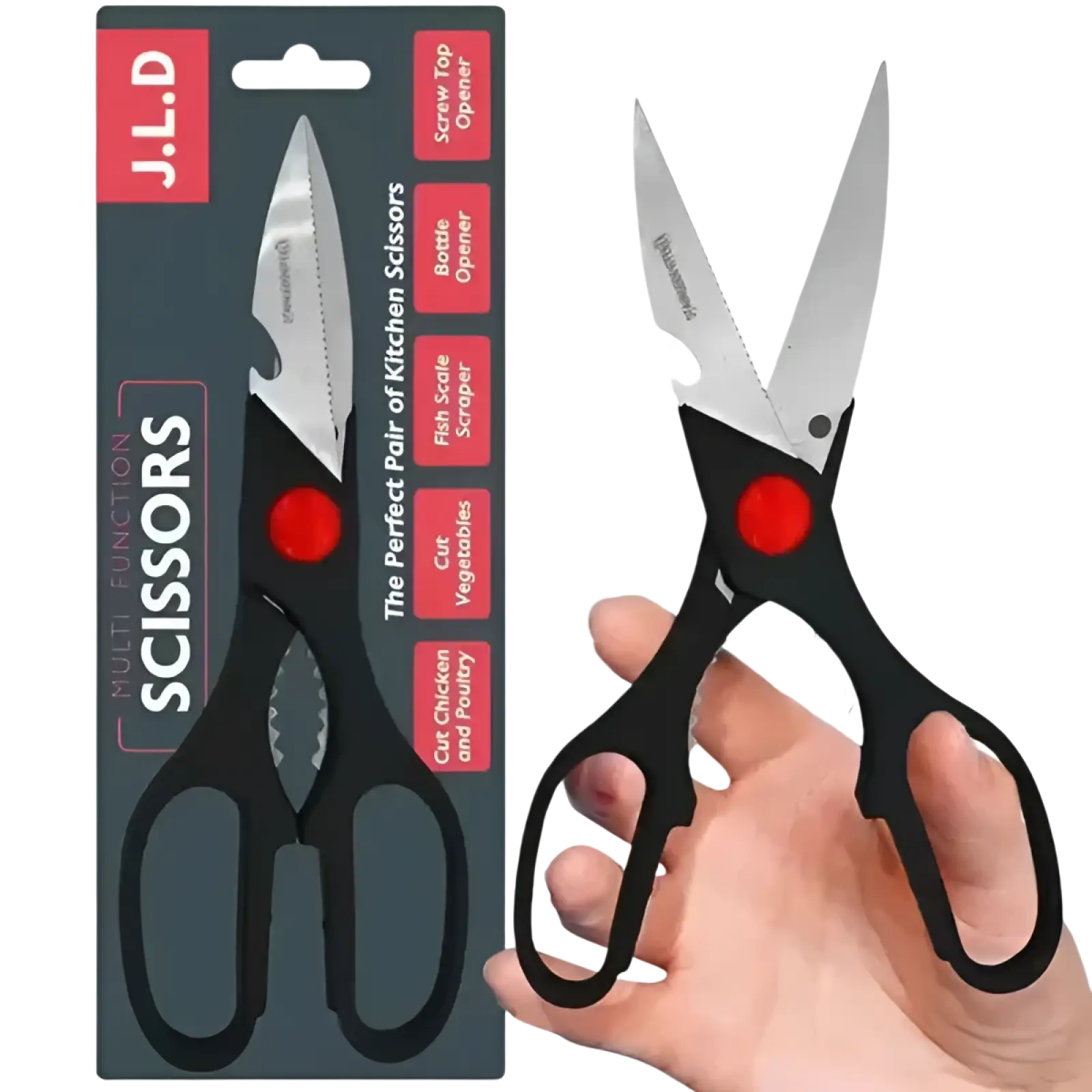 Multi-purpose kitchen shears with black handles, stainless steel blades, and red pivot point featuring nutcracker and opener functions