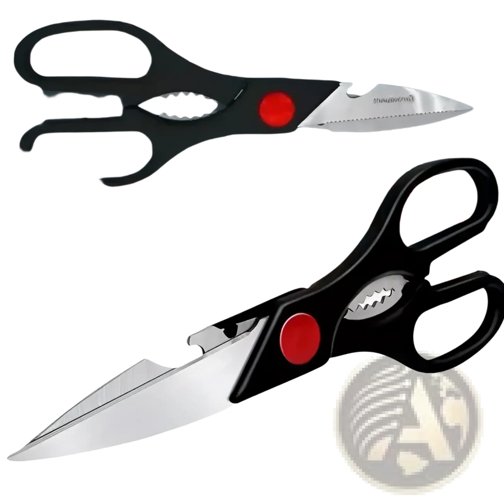 Black and red multi-purpose kitchen shears with stainless steel blades featuring bottle opener and fish scale scraper