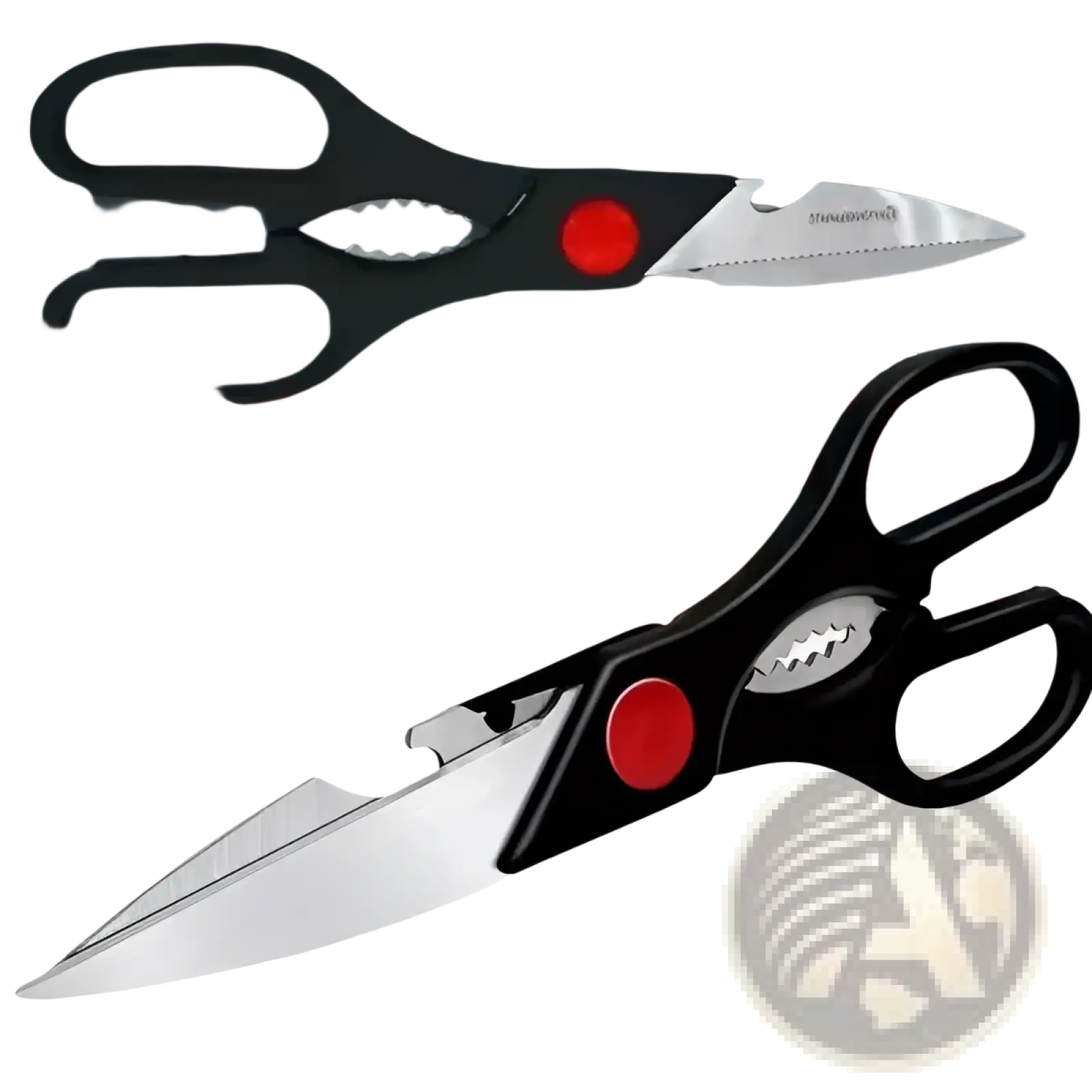 Black and red multi-purpose kitchen shears with stainless steel blades featuring bottle opener and fish scale scraper