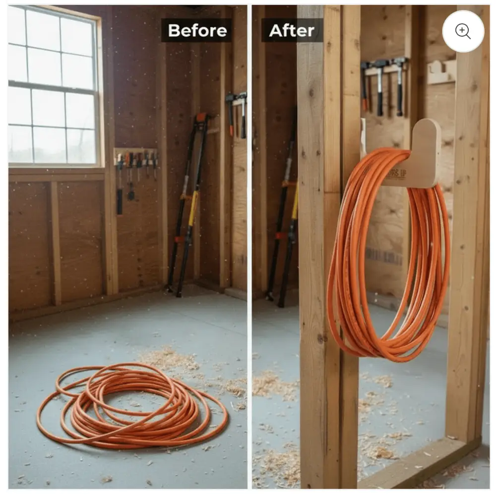 Engraved wooden stud mounted utility storage hooks holding an orange coiled extension cord on a wooden organizer