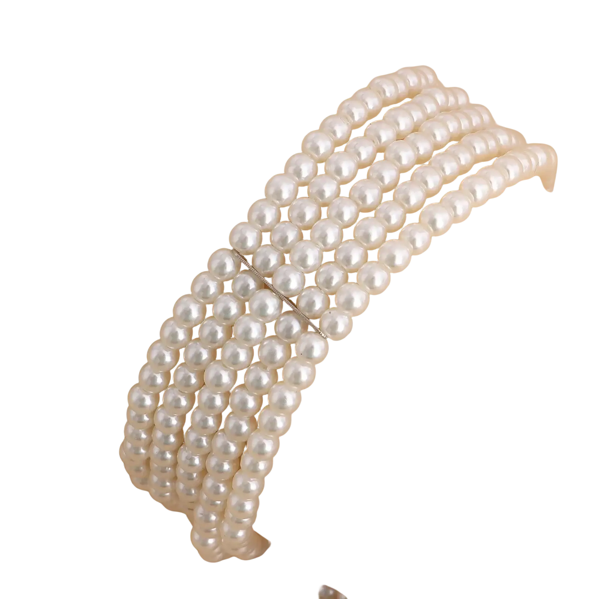 Multi strand white pearl choker necklace featuring a sleek silver clasp and elegant pearl strands