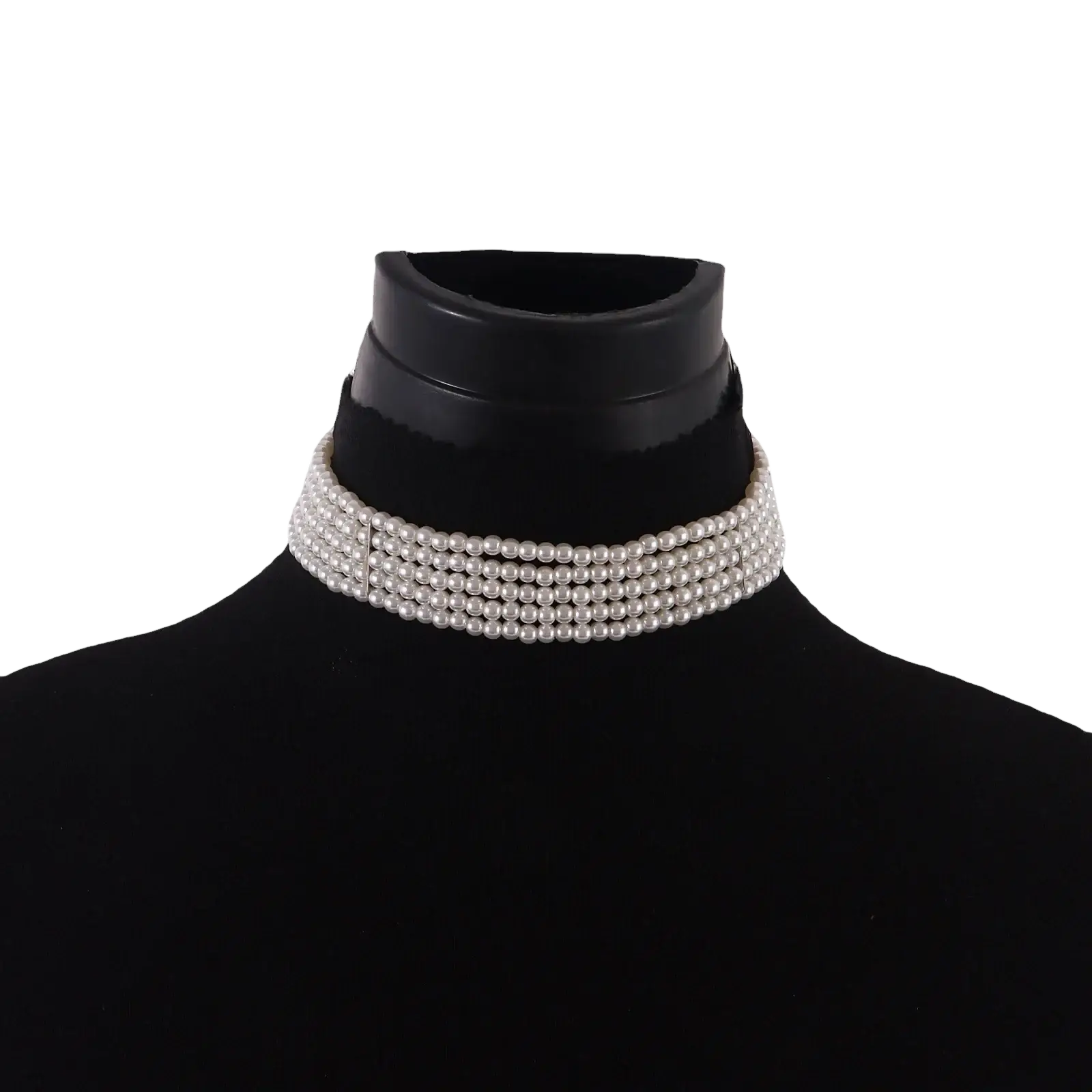 A multi strand white pearl choker necklace with four rows of uniformly sized lustrous pearls in a classic design