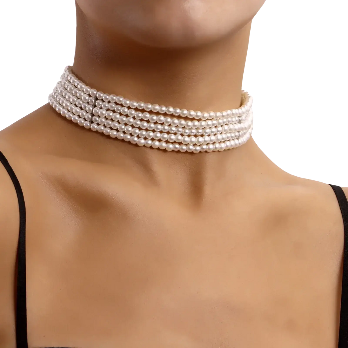 Multi strand white pearl choker necklace featuring lustrous white pearls layered for a classic sophisticated look