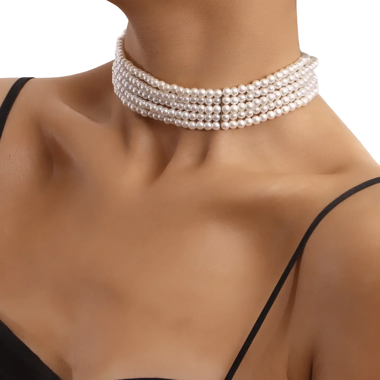 A multi strand white pearl choker necklace featuring small lustrous pearls in an elegant design