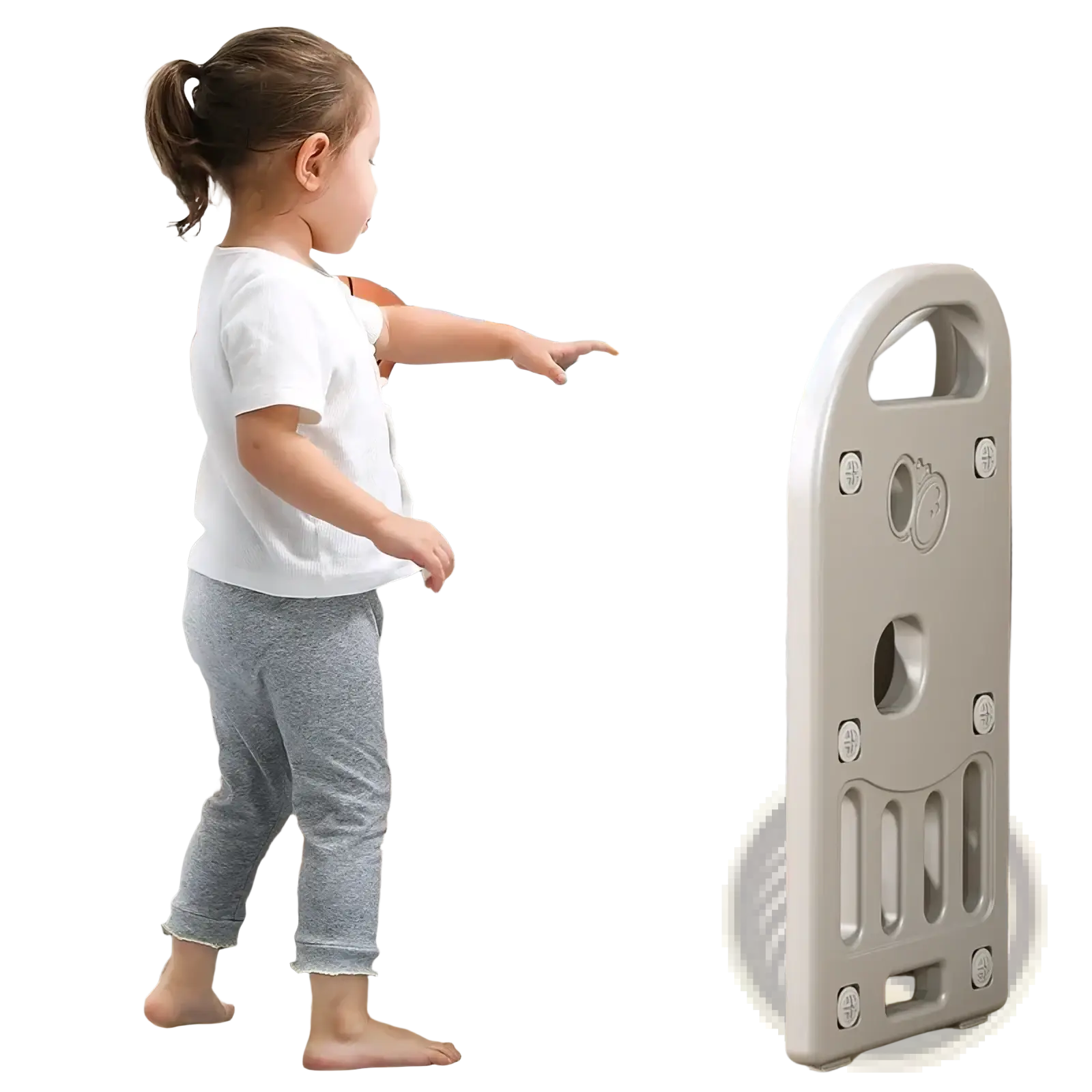Gray plastic multi-tier toy storage cabinet and book shelf organizer with integrated bins and child-friendly handles
