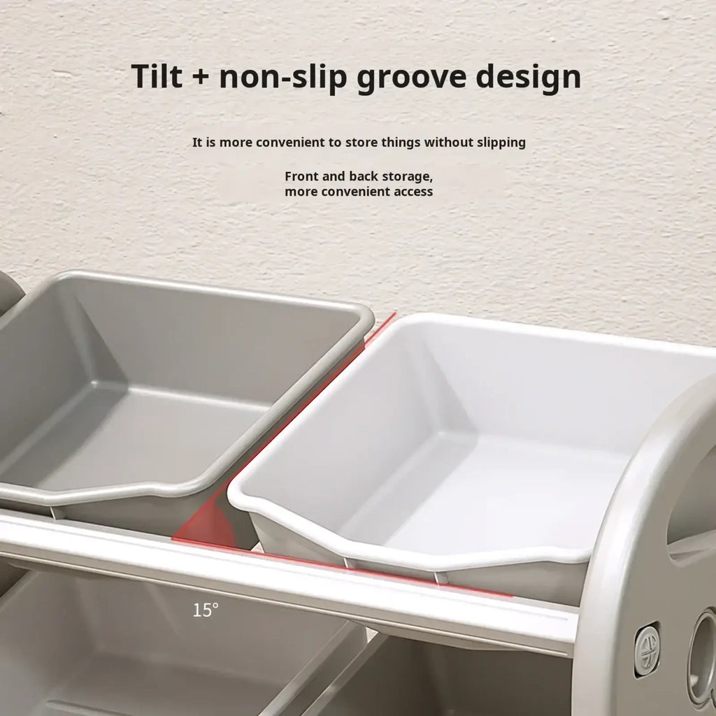 Gray and white plastic storage bins with tilt and non-slip groove design in multi tier toy storage cabinet and book shelf organizer