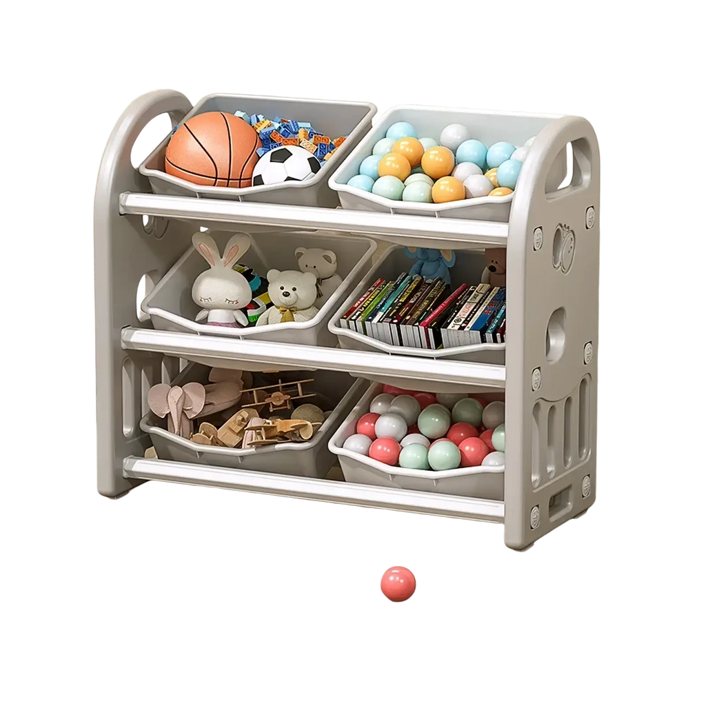 Gray and white plastic multi tier toy storage cabinet and book shelf organizer with four tiers holding children’s toys