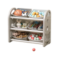 Gray and white plastic multi tier toy storage cabinet and book shelf organizer with four tiers holding children’s toys