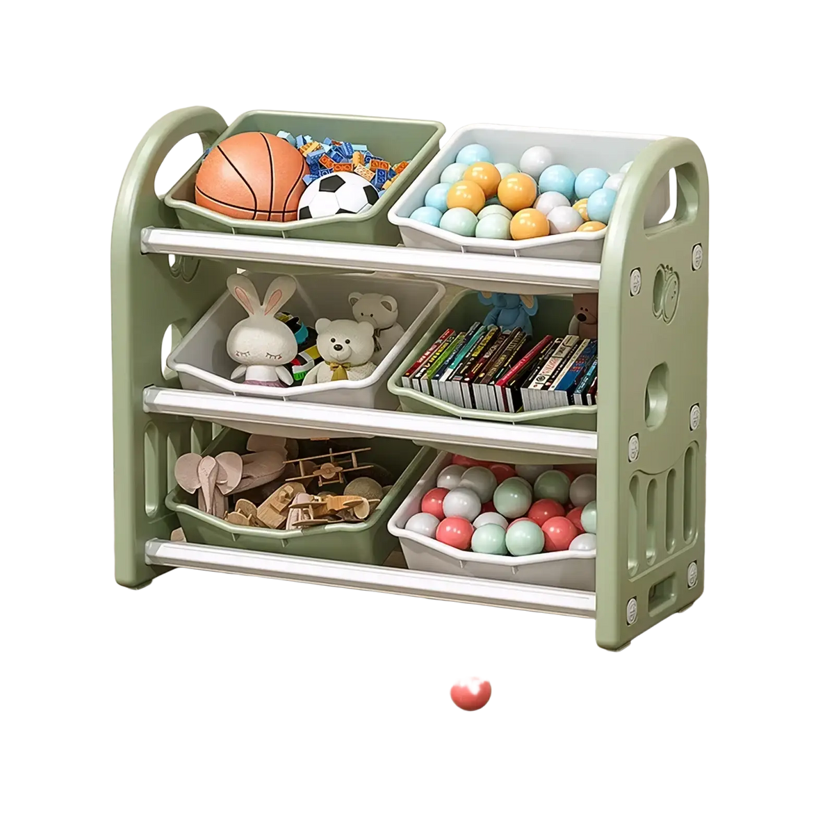 Multi tier toy storage cabinet and bookshelf organizer made of green and white plastic with three tiers holding children’s toys