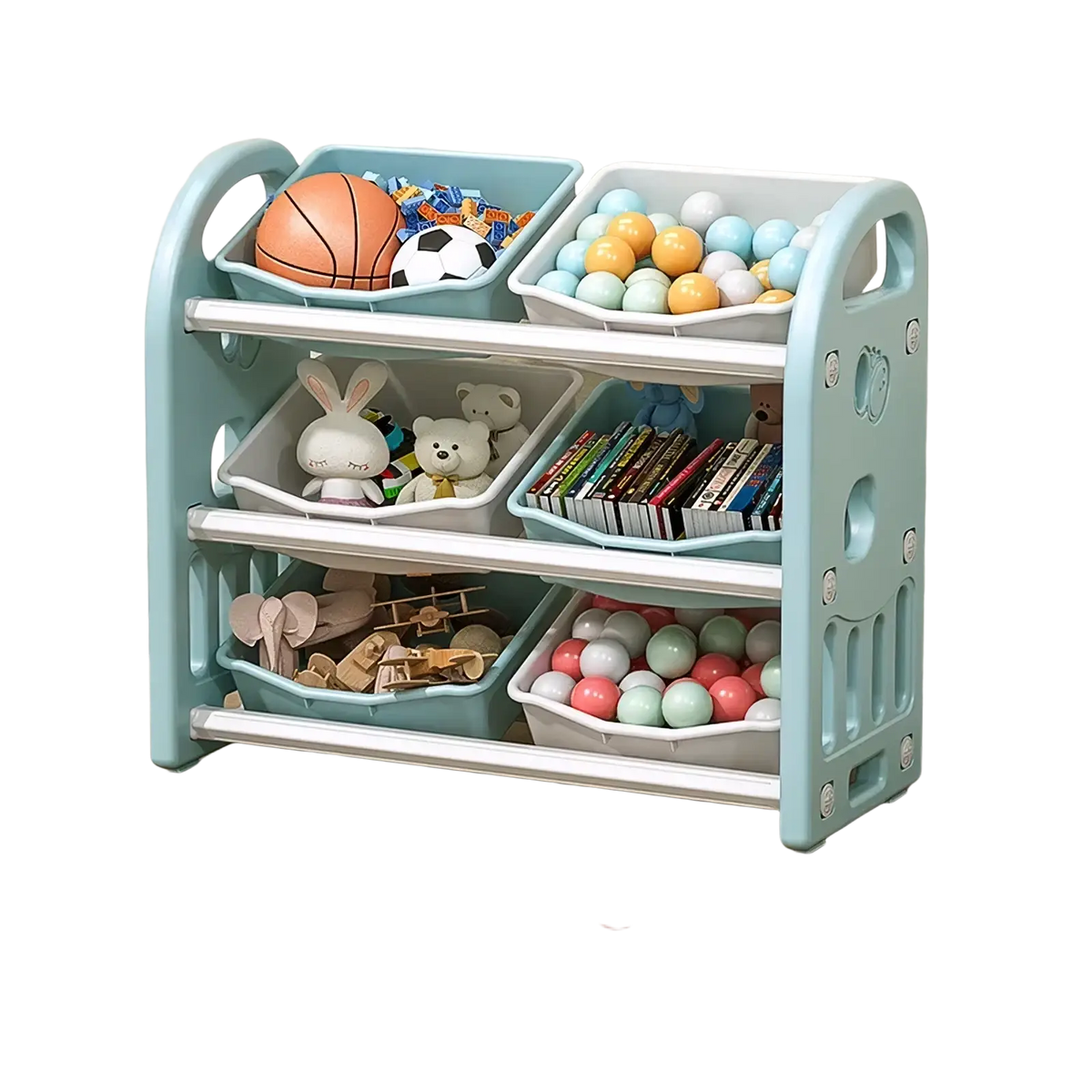 Light blue and white plastic multi tier toy storage cabinet and bookshelf organizer holding balls books and stuffed animals
