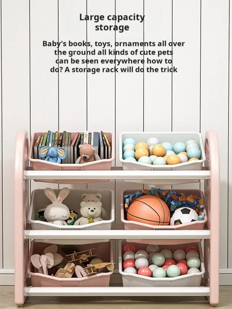 Multi tier toy storage cabinet and book shelf organizer with pink plastic rack and three white tray tiers for toys and books