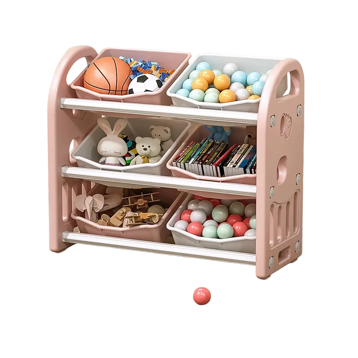 Multi tier toy storage cabinet and book shelf organizer in pink and white plastic with three tiers holding children’s items