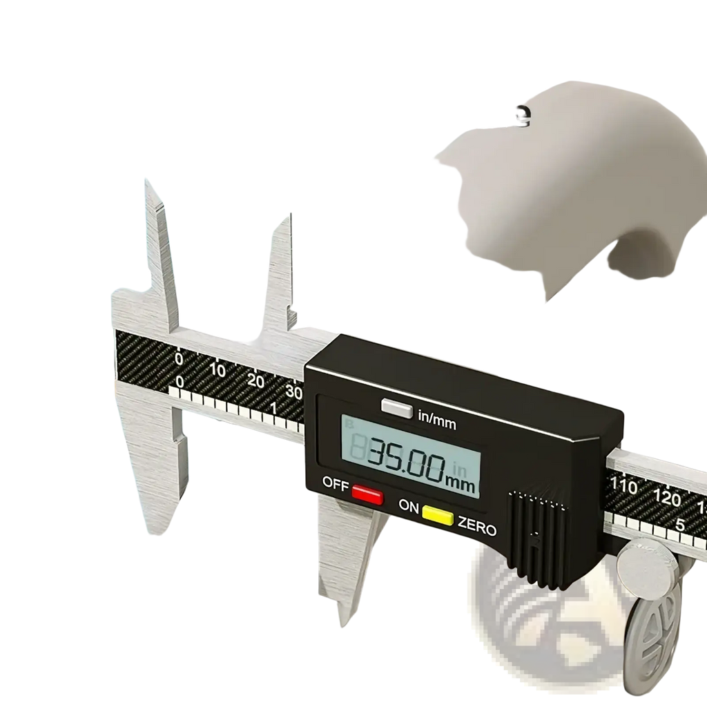A sleek 35mm thick white plastic multi tier toy storage cabinet and book shelf organizer being measured with a caliper