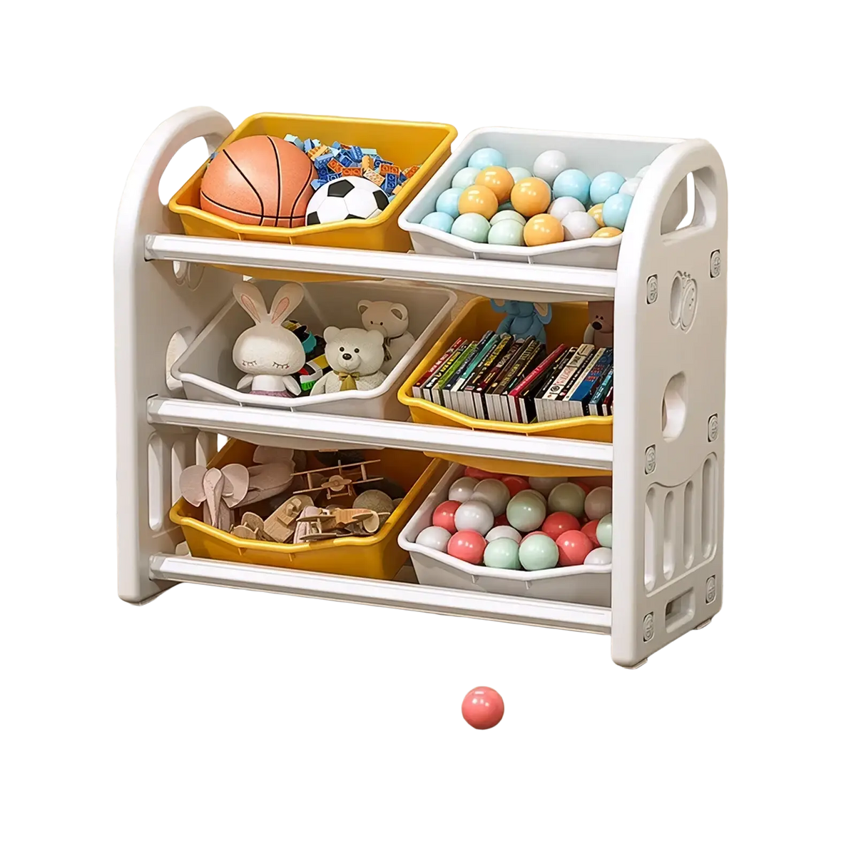 White and yellow plastic multi tier toy storage cabinet and book shelf organizer with three shelves holding children toys