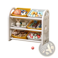 White and yellow plastic multi tier toy storage cabinet and book shelf organizer with three shelves holding children toys