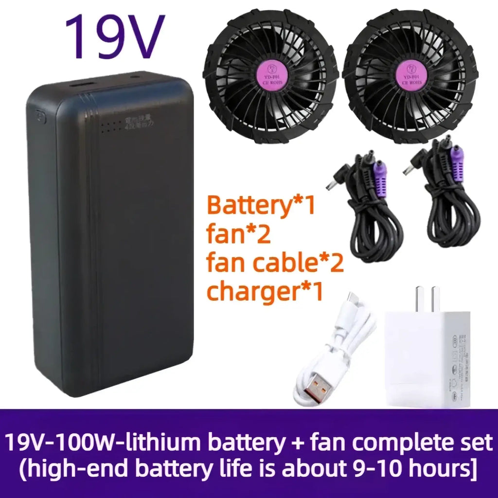 Black 19v-100w lithium battery with a rugged textured surface for grip powering a multi voltage cooling vest power bank 36w