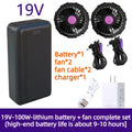 Black 19v-100w lithium battery with a rugged textured surface for grip powering a multi voltage cooling vest power bank 36w