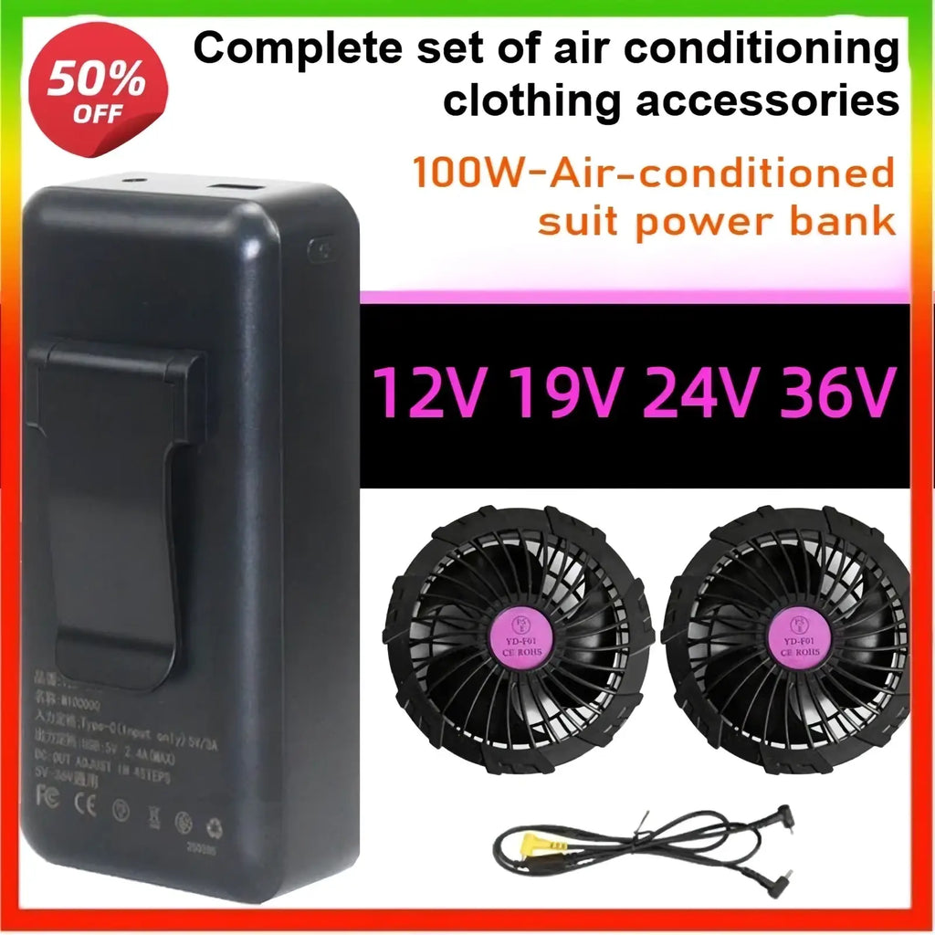 Black rectangular 100w air-conditioned power bank with integrated clip and multiple voltage outputs for cooling vest use