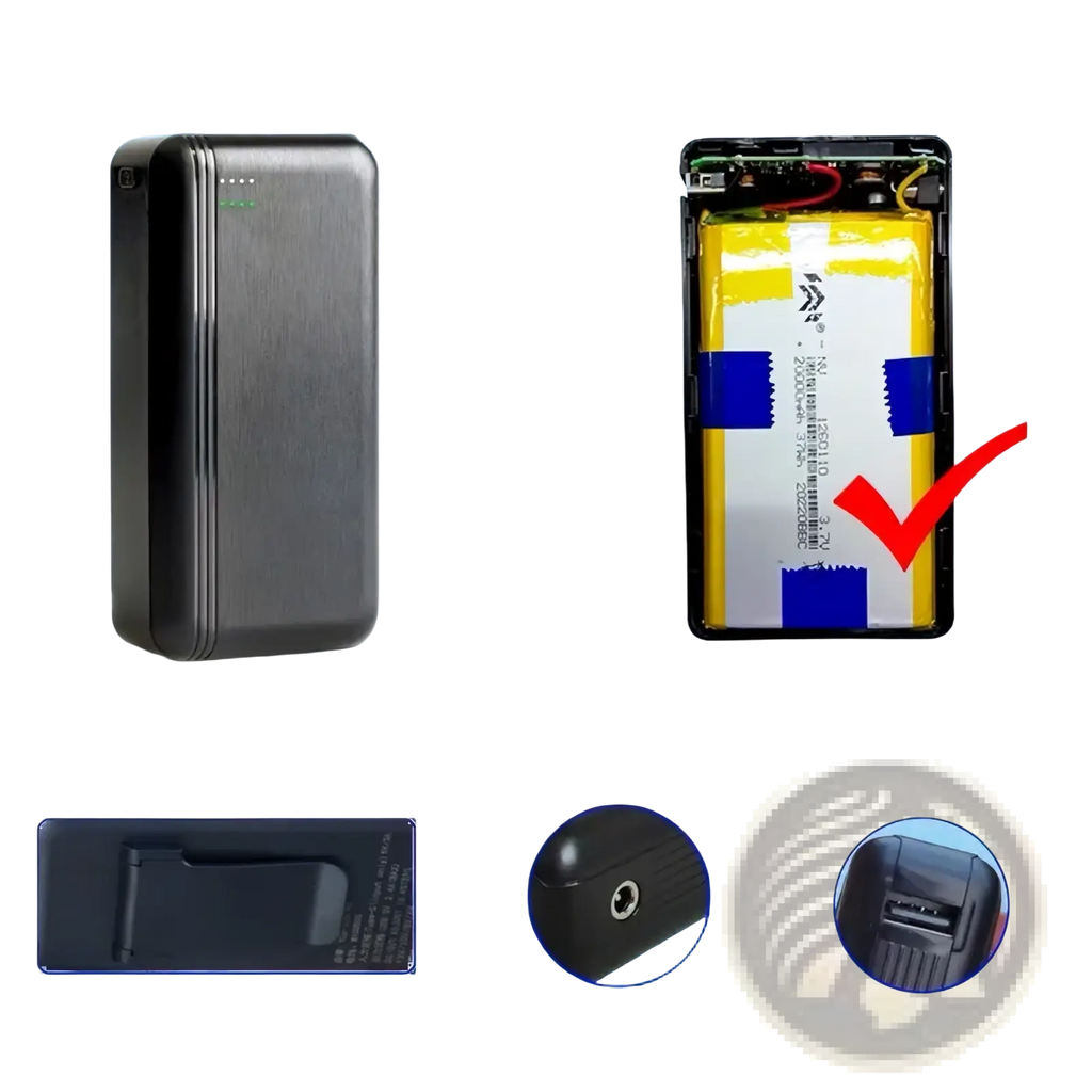 Black rectangular multi voltage cooling vest power bank 36w with brushed metal finish and visible usb charging ports