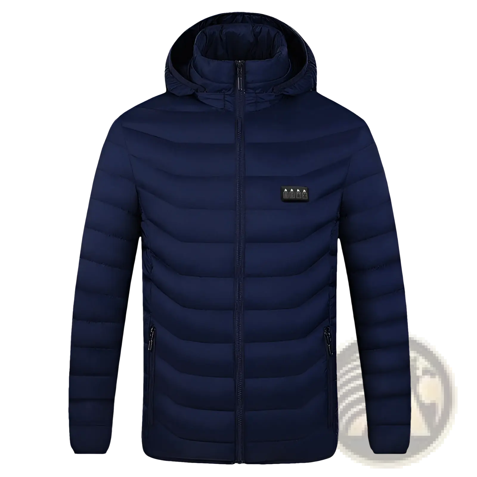 Dark navy blue quilted electric heated jacket with detachable hood and subtle logo patch on left chest