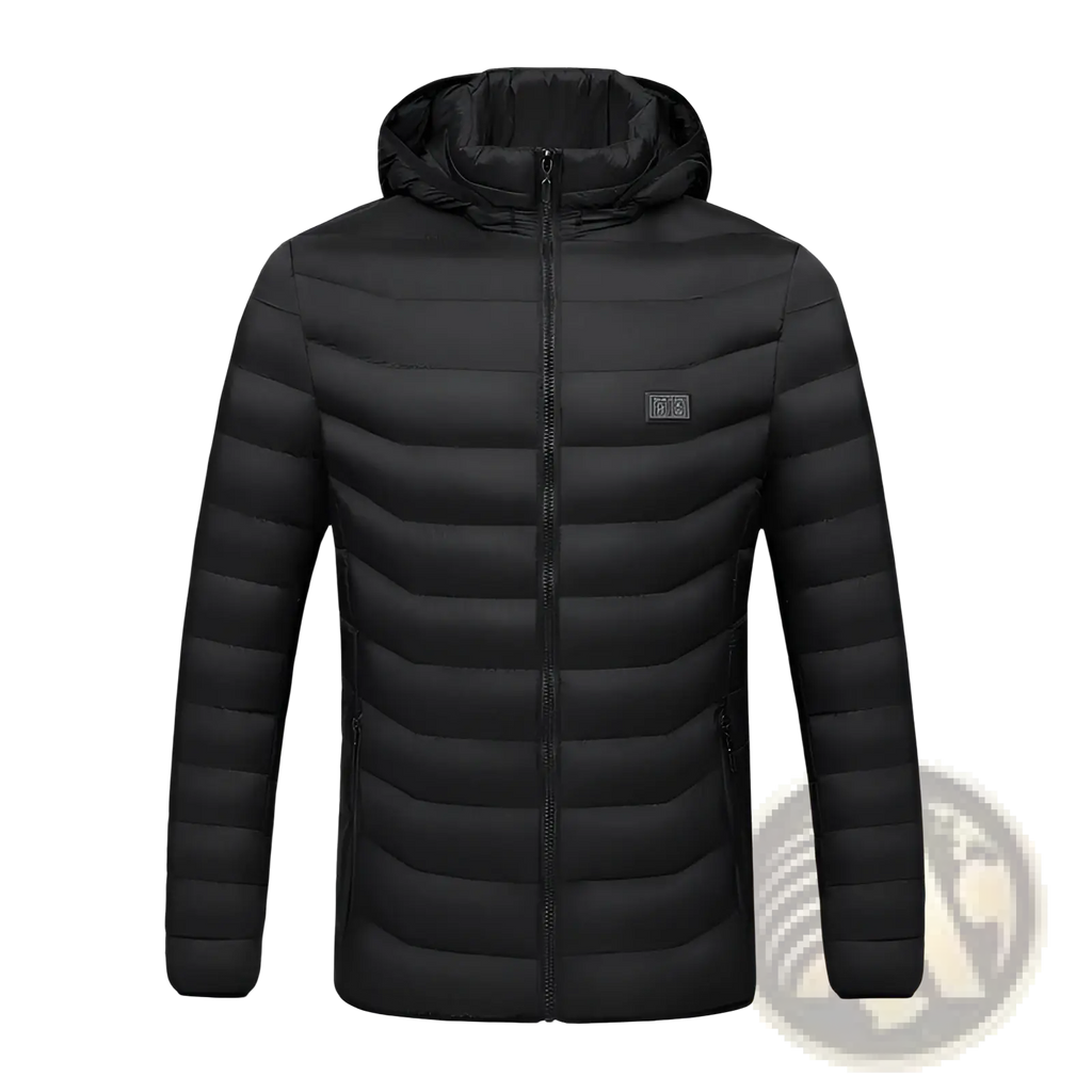 Black quilted electric heated jacket with detachable hood and subtle chest branding in a sleek modern design