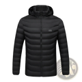Black quilted electric heated jacket with detachable hood and subtle chest branding in a sleek modern design