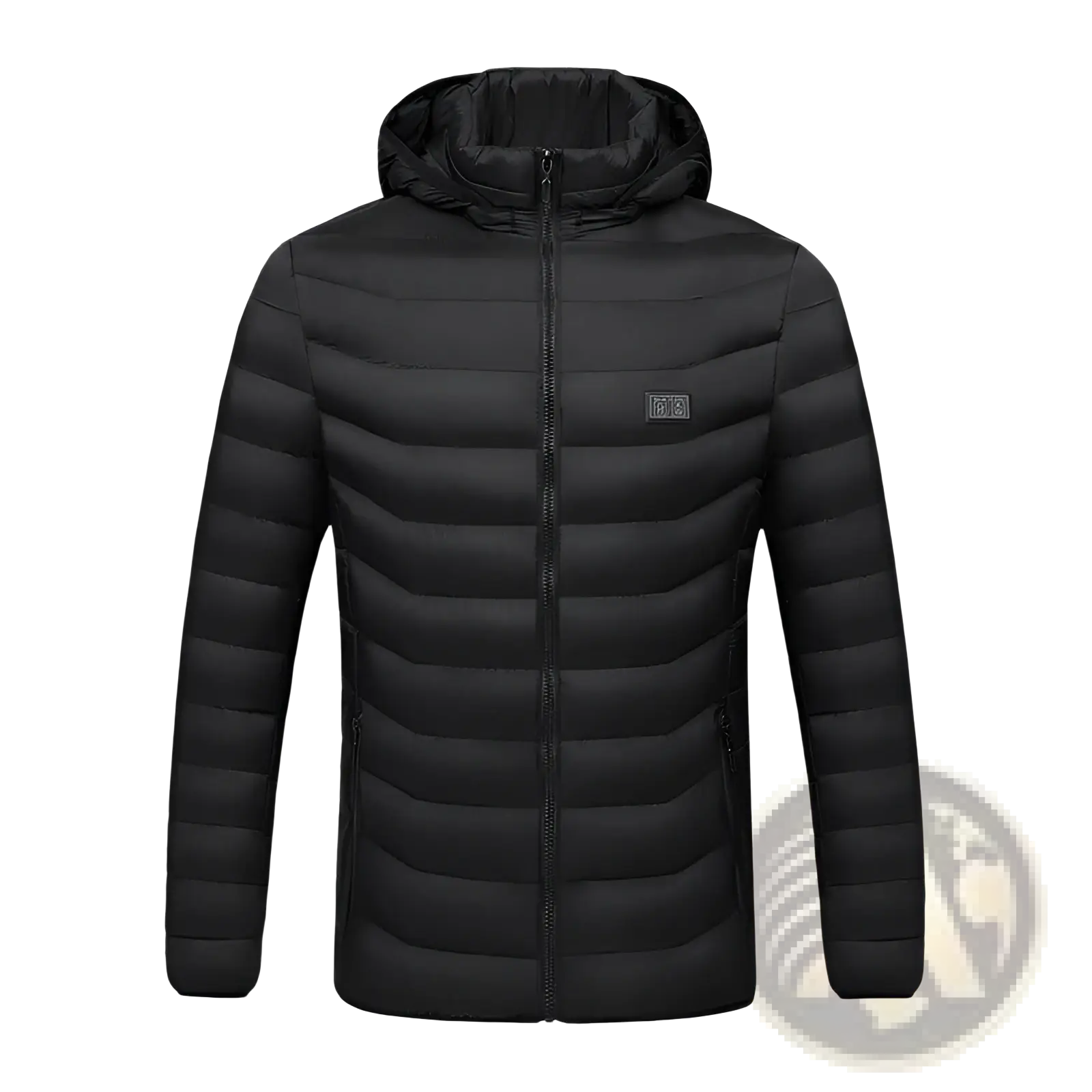 Black quilted electric heated jacket with detachable hood and subtle chest branding in a sleek modern design