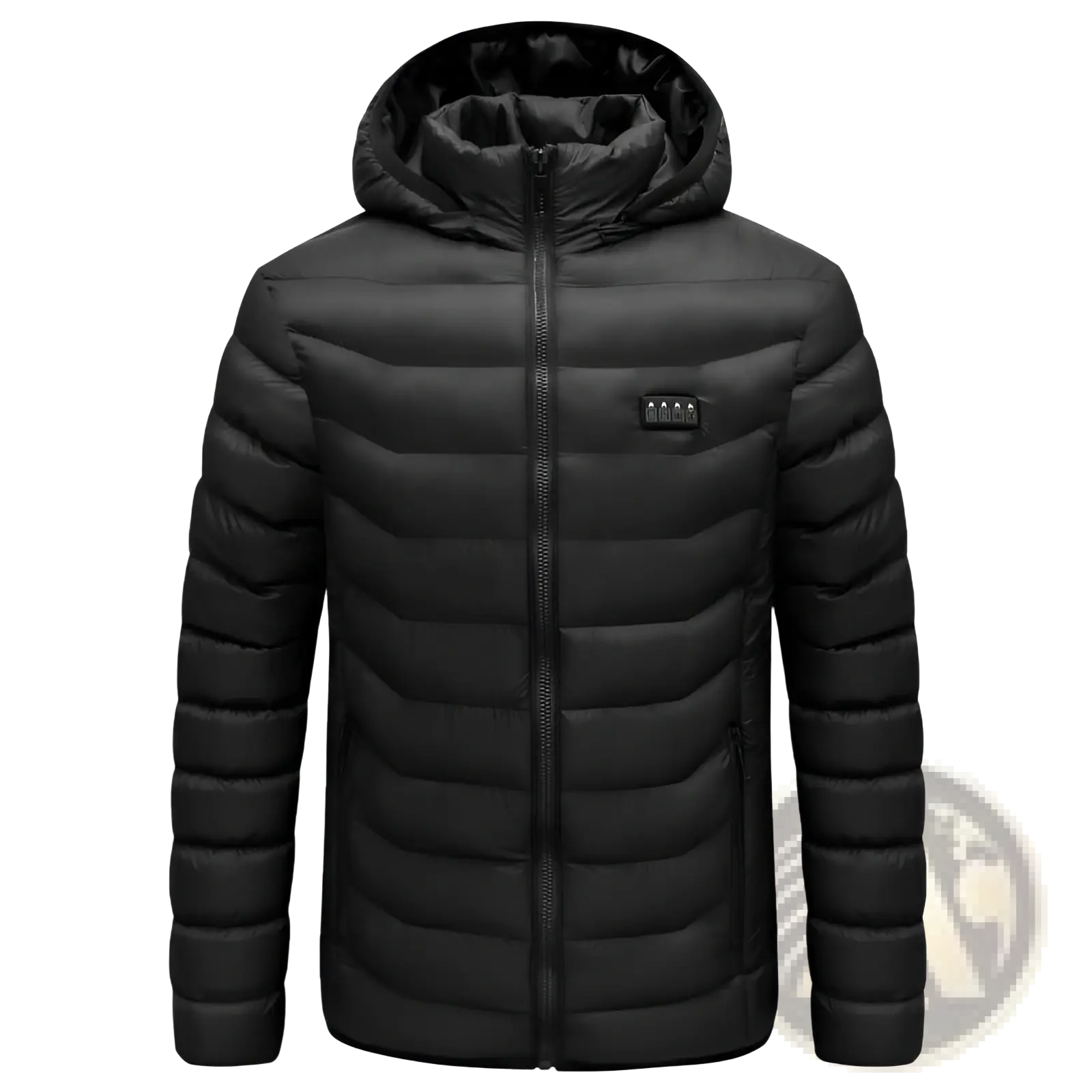 Black multi zone quilted electric heated jacket with detachable hood shown from the back side