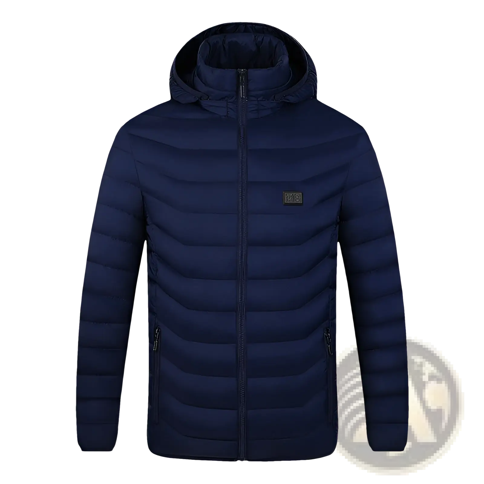 Navy blue quilted electric heated jacket with detachable hood and small rectangular logo patch on left chest